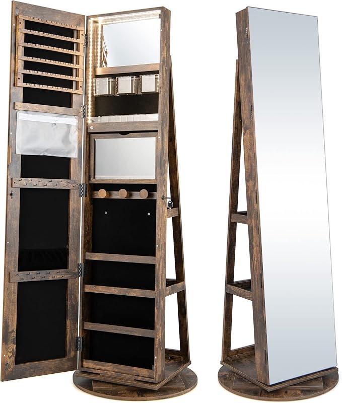 CHARMAID 360° Swivel Jewelry Armoire with Full Length Mirror, Rear Storage Shelves, Lockable Standing Jewelry Cabinet Organizer with Interior Vanity Mirror and 3-Color Lights (Rustic Brown)