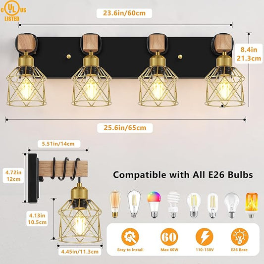 FadimiKoo Farmhouse Bathroom Vanity Light Fixtures, 4-Light Wood Bathroom Lighting Over Mirror, Rustic Black Gold Sconces Wall Lighting with Metal Lampshade for Living Room, Bedroom, Hallway