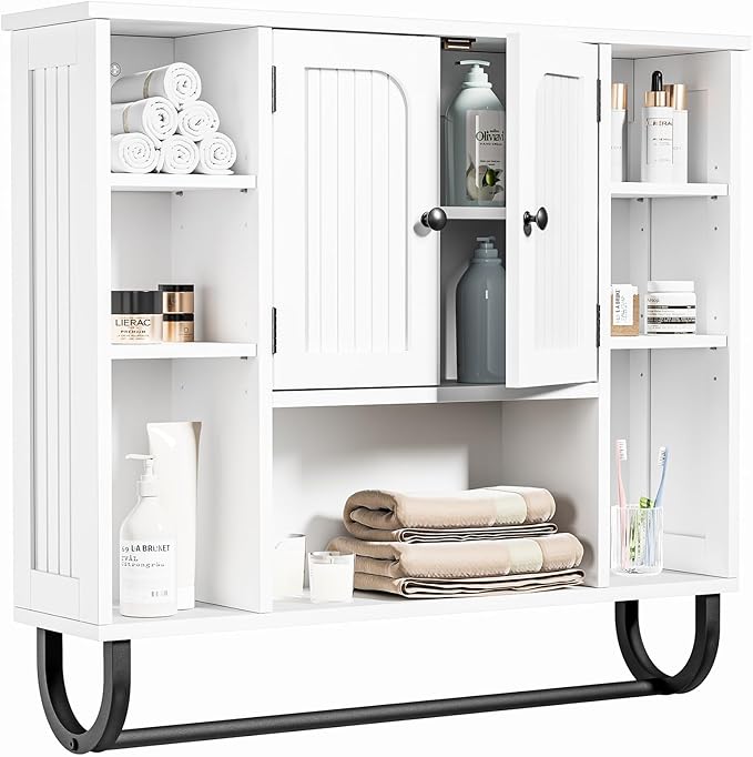 31.5'' White Bathroom Wall Cabinet - Medicine Cabinet with Adjustable Shelves & Doors, Over The Toilet Storage for Bathroom, Wall Mounted Organizer for Laundry Room Kitchen Living Room