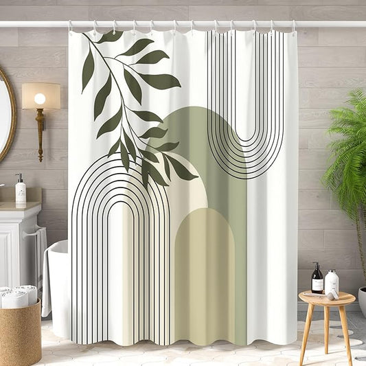 Boho Sage Green Shower Curtain Mid Century Modern Abstract Plant Botanical Bathroom Curtain Minimalist Neutral Geometric Arch Bath Decor Polyester Set with Hooks 72x72 inch