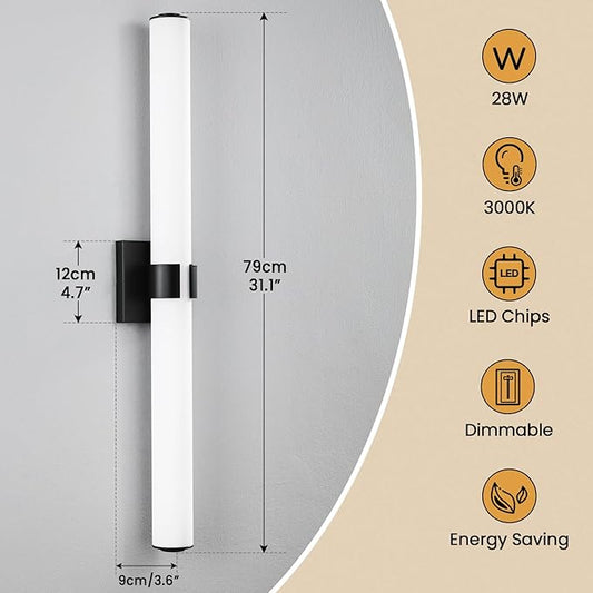 Black Bathroom Vanity Light Fixtures, 31 inch Modern Bathroom Light Fixtures Over Mirror Sconce Lighting 28W 3000K LED Dimmable Vanity Light Bar for Mirror Bedroom Living Room