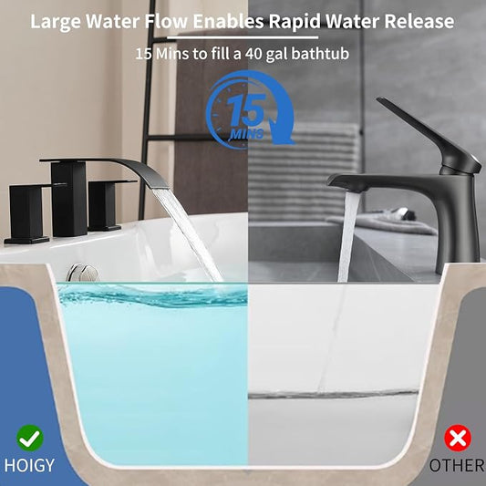RUMOSE Roman Bathtub Faucet Set Waterfall Tub Faucets Matte Black | High Flow Widespread 6-16 Inch 3 Holes Deck Mount Tub Filler 2 Handles Bathtub Filler Soaking Bath Faucet