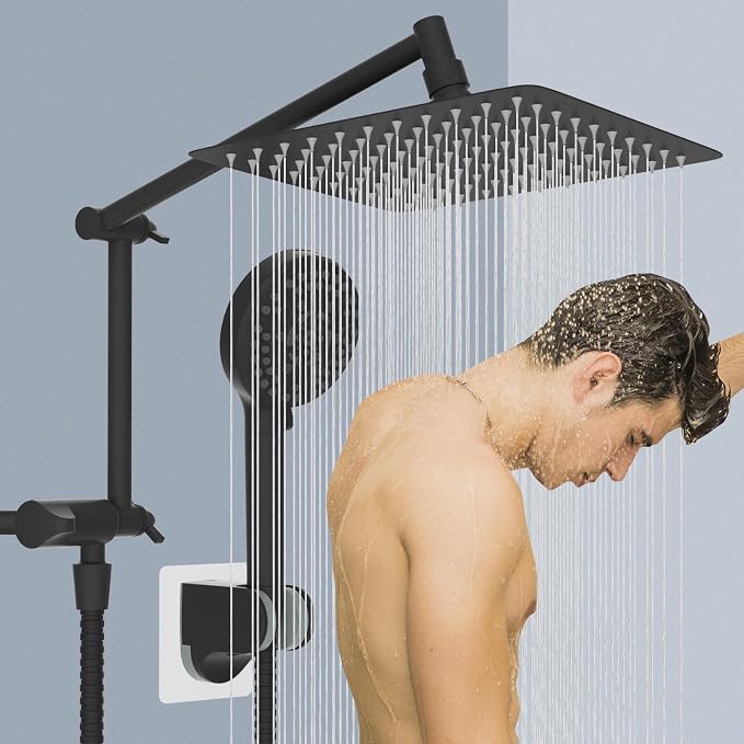 Metal 10" Rain Shower Head with Handheld, High-Pressure Showerhead,10-Mode | Black, Rainfall Shower Head with 5" Large Handheld Spray, Adjustable 16" Shower Extension Arm/71" Hose, Brass 3-Way Diverter