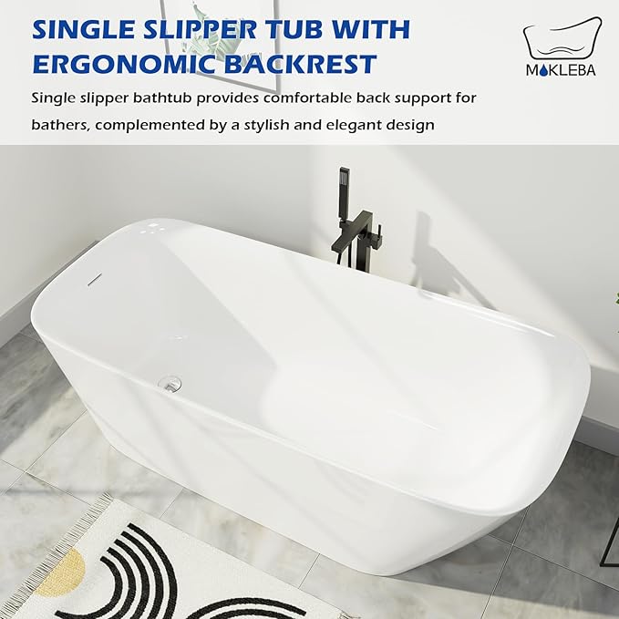 59" Acrylic Freestanding Bathtub, Single Slipper Free Standing Tub, Soaking Tub with Integrated Slotted Overflow, Toe-Tap Chrome Drain, cUPC Certified, Glossy White
