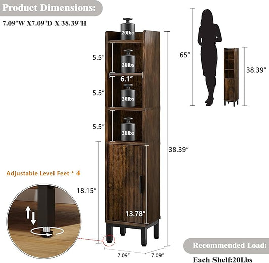 Narrow Bathroom Storage Cabinet, Corner Toilet Paper Floor Cabinet 5 Tiers with Door and Shelves,Bathroom Organizer with Adjustable Shelf, for Small Spaces(Rustic Brown)