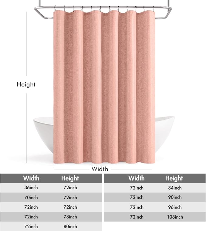 ANRODUO Blush Pink Linen Textured Fabric Shower Curtain Set - W72xL84 | Farmhouse Shower Curtain with 12 Metal Hooks, Waterproof Heavy Duty, Button Hole Design, Machine Washable for Bathroom