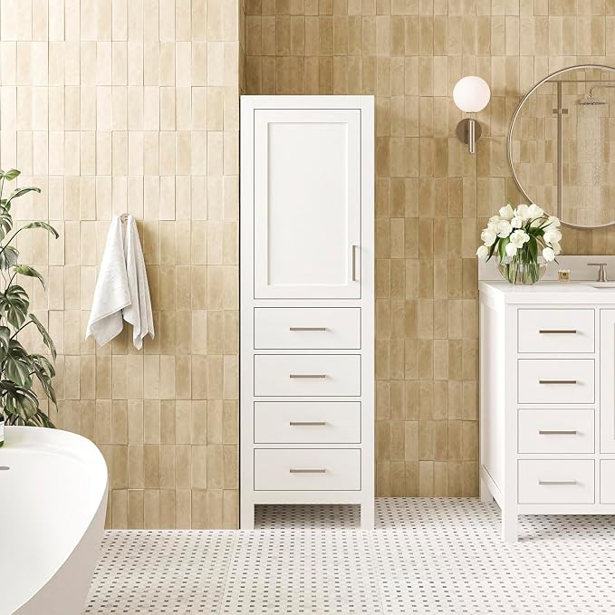 ARIEL Cambridge Bathroom Storage Cabinet - Solid Hevea Wood and Fully Assembled for Long-Lasting Durability and Sophisticated Finish, Freestanding Linen Bathroom Cabinet - 65”H x 20”W x 16”D, White