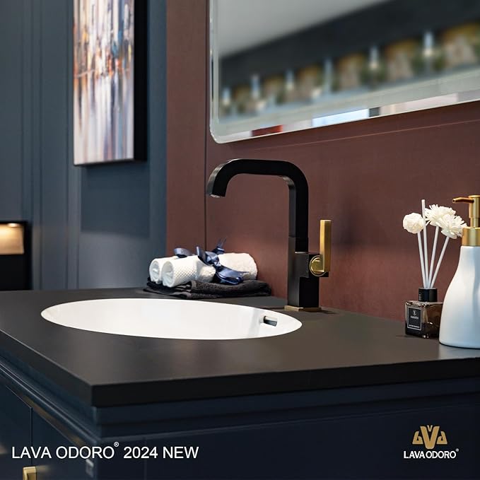 Black and Gold Bathroom Faucet, Lava Odoro Brass Single Hole Bathroom Sink Faucet 1 Handle Swivel Vanity Faucet with Drain Assembly, Solid Brass Vessel Sink Faucet Deck Plate Included, BF204-GB