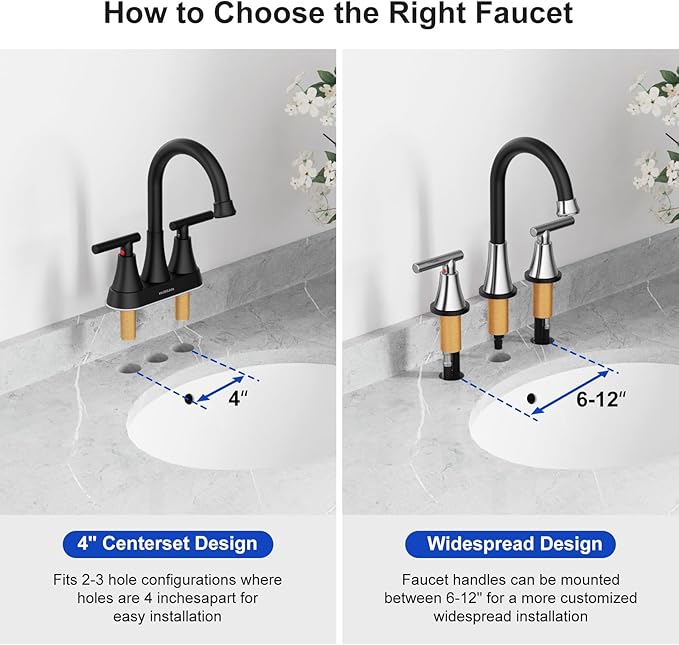 Bathroom Faucet 3 Hole, Black& Chrome Faucets with Drain and Supply Lines | Hurran Stainless Steel Lead-Free Widespread Bathroom Sink Faucet for Vanity RV Restroom Laundry Outdoor Utility Sink