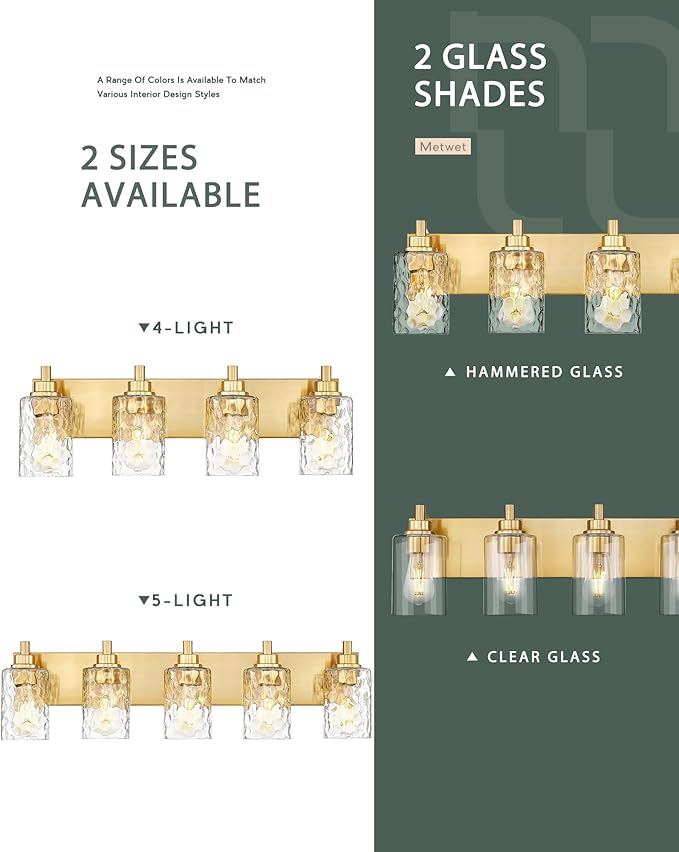 4-Light Brushed Gold Bathroom Vanity Light, Hammered Cylinder Glass | 24.5" modern bathroom light fixtures over mirror, E26 base, bulbs not included, VL198-BG-4