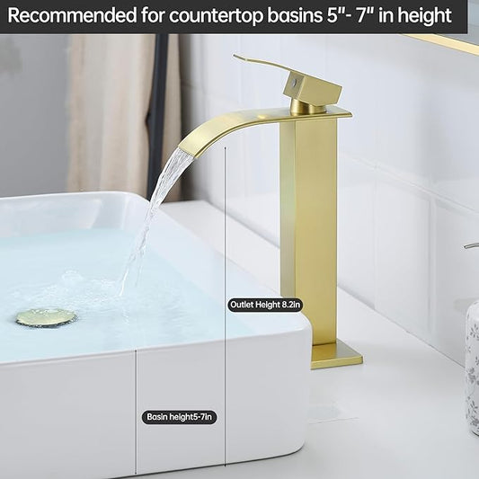 Tall Vessel Sink Faucet Brushed Gold Faucet for Bathroom Sink Tall Waterfall Bathroom Faucet Single Handle 1 or 3 Hole Wash with Pop-up Drain
