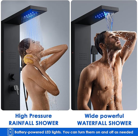 ROVOGO Shower Panel Tower System with Led Lights and 5 Shower Modes, 46.5" | Rainfall Waterfall Shower Head, 4 Body Jets, Handheld & Tub Spout, Stainless Steel Shower Column w/ Brass Valve, Matte Black