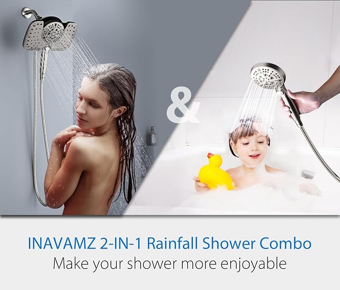 Rain Shower Head with Filtered Handheld Spray Combo Nickel 2.5 GPM | 10” Rainfall Showerhead with 9-Spray Detachable Handheld, High Pressure, ON/OFF Switch, 15-Stage Filter, Jet for Cleaning
