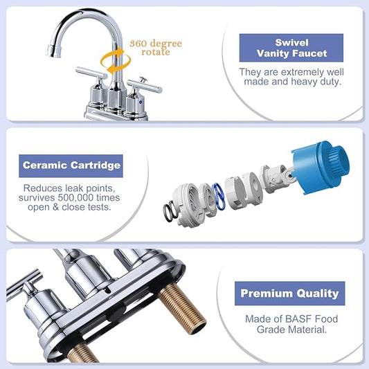 WOWOW Chrome Bathroom Faucet 3 Hole Bathroom Sink Faucet 2 Handle Faucet Centerset 4 inch Vanity Faucet Modern Water Tap with Lift Rod Drain Stopper and Supply Lines