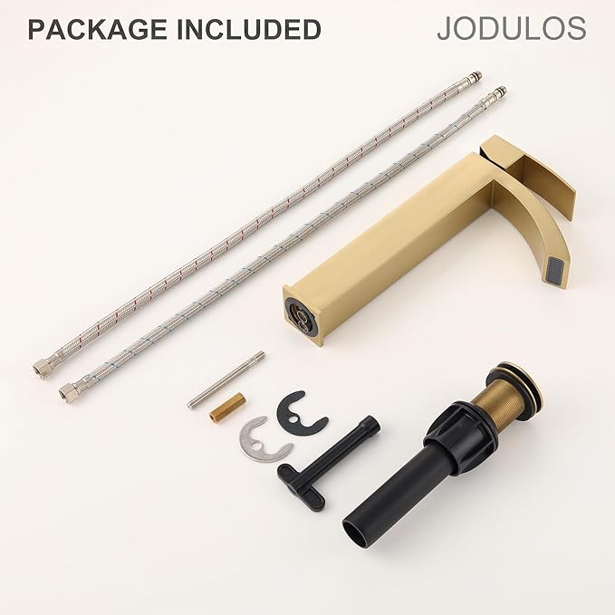 Brushed Gold Vessel Sink Faucet, Tall Bathroom Faucet, Single Hole Single Handle Waterfall Bathroom Sink Faucet with cUPC Supply Hose and Metal Pop Up Drain JU-BS101-BG
