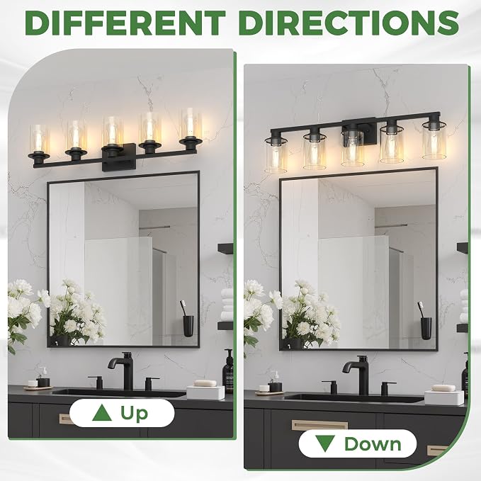 DORESshop 5-Light Black Bathroom Vanity Light Fixture ETL Listed | Modern Bathroom Vanity Light, Black Wall Light Fixture With Clear Glass Shade, Mirror Lighting for Hallway Living Room