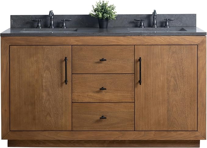 Vanity Art 60 inch Double Sink Bathroom Vanity, Solid Poplar Wood, Vanity Cabinet with Doors and Shelf, Modern Wood Bathroom Vanity with Black Marble Top, 3 Functioning Drawers, VA70-60-DT-B