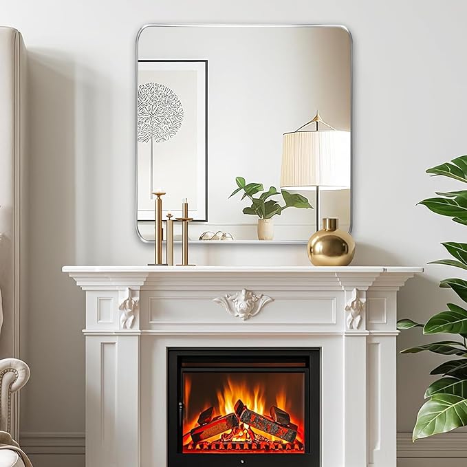 Silver Bathroom Vanity Mirror Over Sink 28x28, Wall Square Mirror, Chrome | Fabuday Matte Metal Brushed Nickel Framed Rectangle Mirror for Living Room, Farmhouse, Entryway Decor, Wall Mounted Mirror