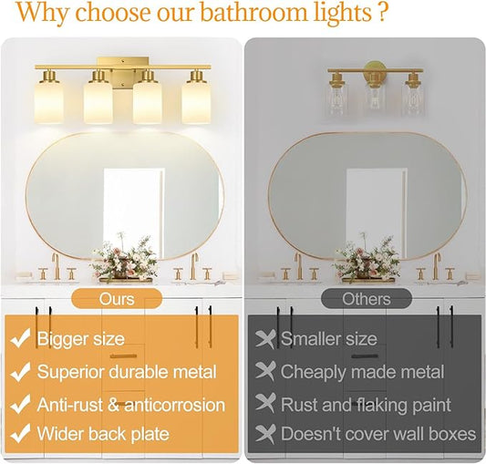 Indoi 4-Light Bathroom Light Fixtures, Brushed Gold Modern Vanity Lights with Milky White Shades, Bathroom Wall Lamp for Mirror Living Room Cabinet Bedroom Porch