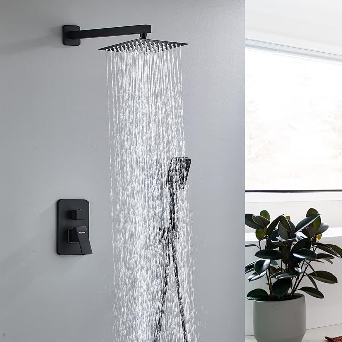 8 Inch Shower System with Tub Spout, Black Shower Faucet Set for Bathroom, Square High Pressure Shower Head, 2-Setting Handheld Faucets Sets, Wall Mounted Rainfall Shower Valve Kit