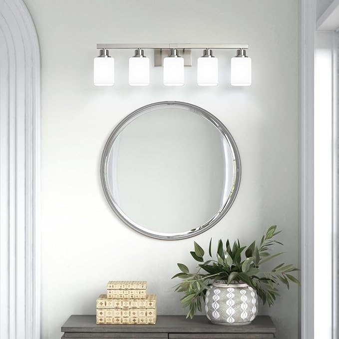 5-Light Bathroom Vanity Light,Brushed Nickel Vanity Lights with Square Frosted Glass,Modern Bathroom Wall Lights Fixtures Over Mirror,Wall Sconces Lighting for Bedroom Living Room,E26