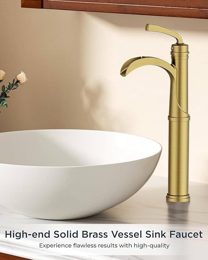 Forious Vessel Sink Faucet Bathroom Brushed Gold, Tall Waterfall Bathroom Faucets One Hole Single Handle Bathroom Bowl Sink Faucet Lavatory Vanity Faucets with Metal Pop Up Drain and Supply Lines