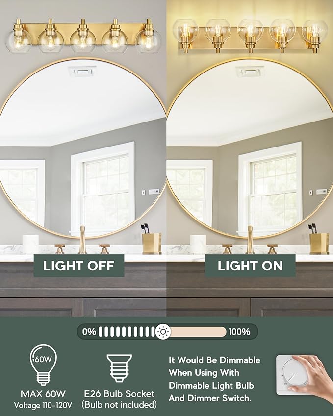 5-Light Brushed Gold Bathroom Vanity Light, Clear Glass Globe Shade | 32" modern bathroom light fixtures over mirror, E26 base, bulbs not included, VL195-BG-CL-5