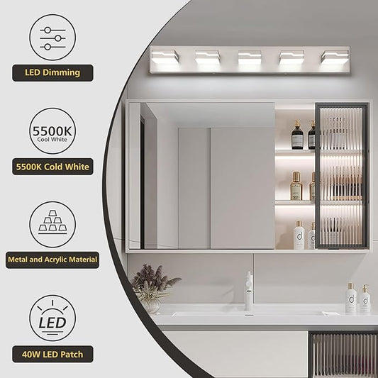 LED Modern Bathroom Vanity Light Fixtures 5-Light, 32 inch Dimmable Nickel Vanity Lights for Bathroom Lighting Fixtures Over Mirror, with 350°Rotatable Acrylic Heads(White Light 5500K)
