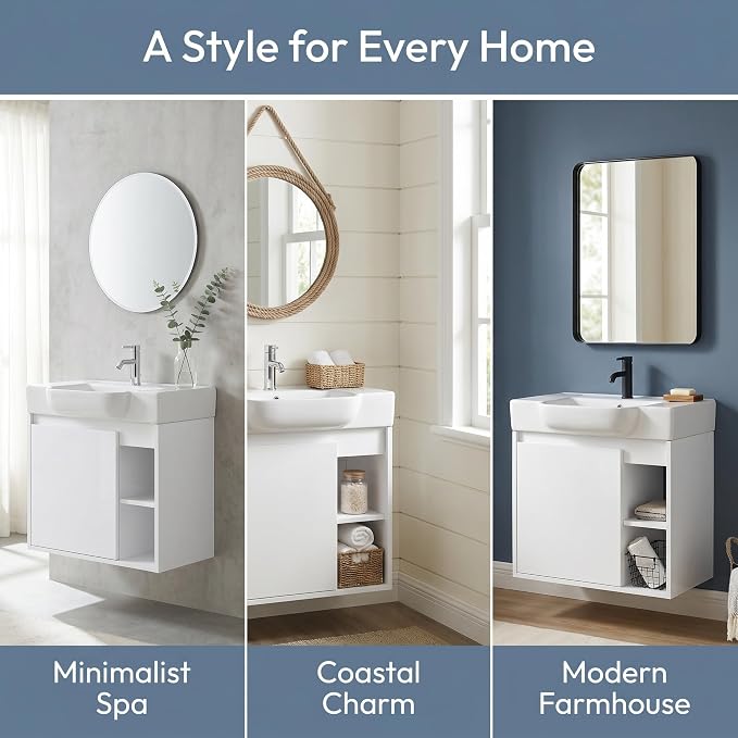 24" Bathroom Vanity with Sink, Wall-Mounted Cabinet, Glossy White | Ceramic Sink, Soft-Close Door & 2 Open Storage Shelves, Modern Farmhouse Sink Cabinet, Easy to Clean for Small Bathroom