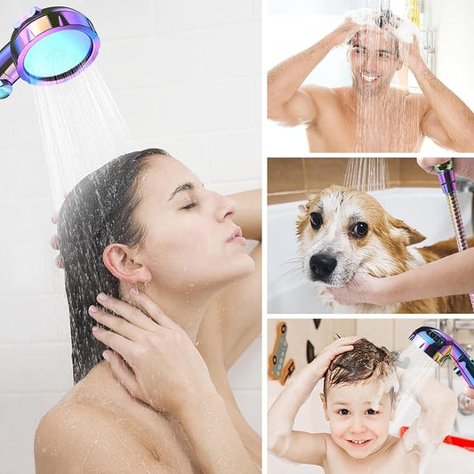 HANLIAN On/Off High Pressure Handheld Shower Head for RV Camper | 3 Spray Modes Shower Head with Pause Button, Water Saving Shower Head with Hose and Self-adhesive Holder(Radiant Rainbow)