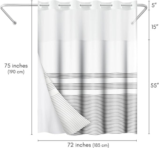 Americanflat 72x75 Hookless Shower Curtain - Water-Resistant Striped Shower Curtain with Sheer Panel, Snap-in Liner, and Durable Grommets - 100% Polyester - Black and White