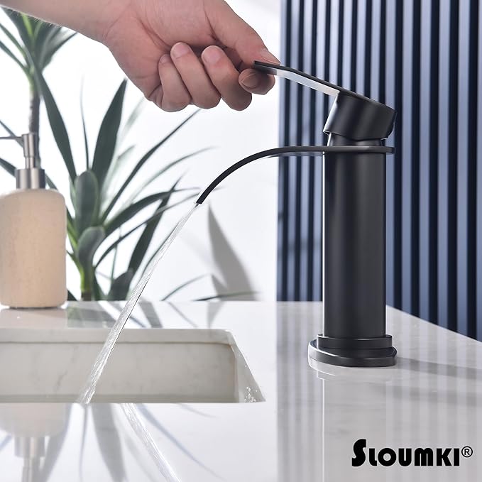 Black Waterfall Bathroom Faucet Single Hole, Matte Black Single Handle Bathroom Sink Faucet with Pop Up Drain and Supply Hose, Black Bathroom Faucet for Sink 1 Hole,SL5002BK