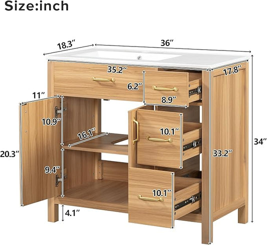 Favfurish 36" Bathroom Vanity,Free Standing Single Basin Vanity Combo with Sink,3 Soft Close Drawers & 2 Soft Close Doors,Solid Wood Frame Storage Cabinet w/Ceramic Basin,for Small Space,Natural