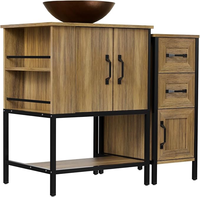 VNN Bathroom Vanity with Sink - 36 Inch Bathroom Vanity with Sink, Open Shelves and 3 Storage Drawers Side Cabinet, Modern Iron Wood Cabinet with Countertop Tempered Glass Vessel, Oak