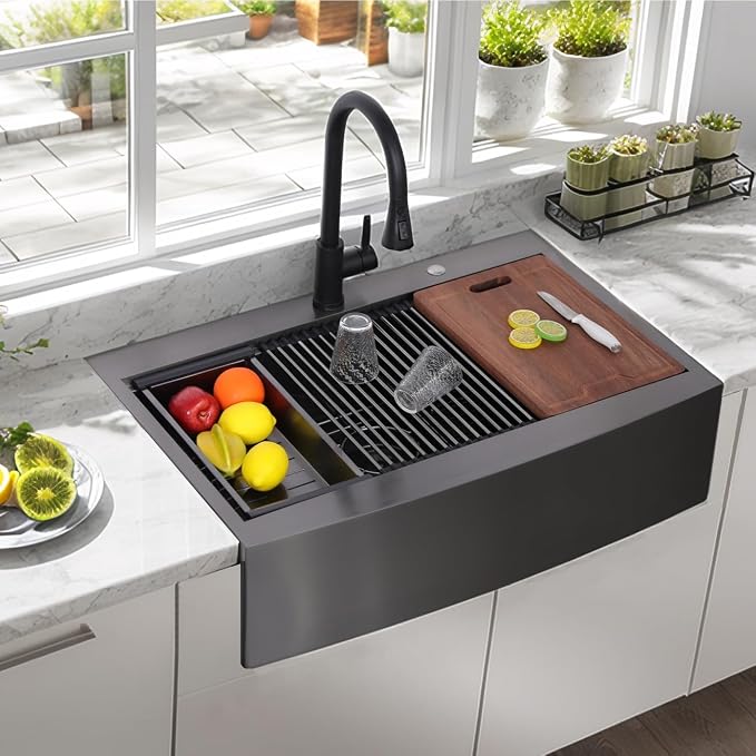 33x22 Inch Drop In Gunmetal Black Farmhouse Sink, 16 Gauge Stainless Steel Single Bowl Apron Front Workstation Farm Sink With Accessories