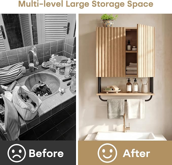 Fluted Bathroom Wall Cabinet,Wooden Medicine Cabinet with Towel Bar Oak | Fernitry Over the toilet Storage Cabinet Wall Mounted with Adjustable Shelf and Towel Bar 3-Tier 2 Doors Curved Modern