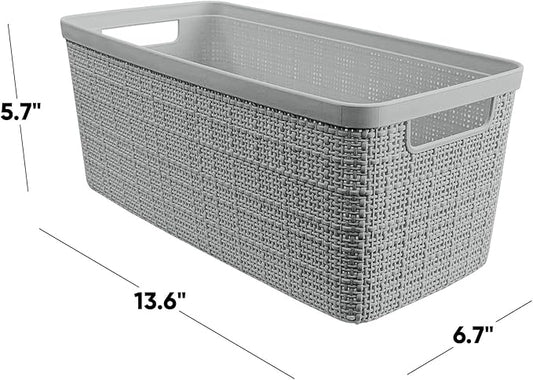 Curver Set of 8 Slim 6.8L Jute Decorative Plastic Organization and Storage Baskets - Perfect Bins for Home Office, Closet Shelves, Kitchen Pantry and All Bedroom Essentials, Grey