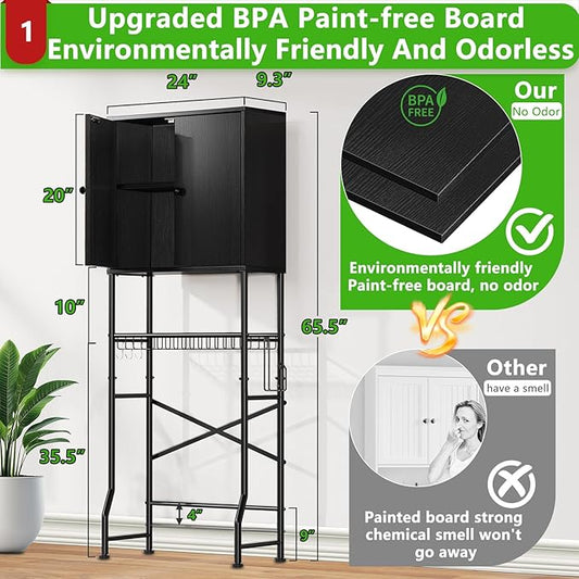 Over The Toilet Storage Cabinet - 2-Door Design Bathroom Organizers Shelf, Freestanding Space-Saver Above Toilet Storage Cabinet with Privacy Protection Rack, Water-Resistant Toilet Shelves (Black)