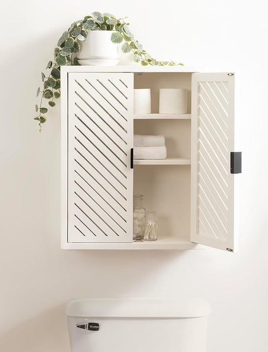Kate and Laurel Mezzeta Decorative Coastal Two-Door Floating Bathroom Cabinet; 22 x 7 x 28; White; Decorative Over Toilet Storage Cabinet for Use as Bath Storage or Living Room Decor