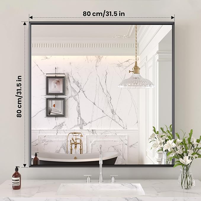 LOAAO Black Bathroom Mirror 32"X32" | Tempered Glass, Hangs Vertically or Horizontally, Easy to Install, Modern Design