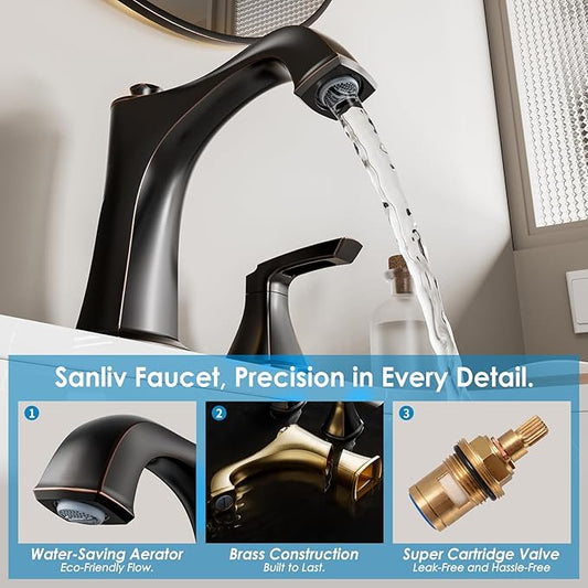 Oil Rubbed Bronze Bathroom Faucet 3-Hole, Sanliv Widespread Bathroom Sink Faucet with Pop-Up Drain, 2-Handle Bronze Vanity Faucet for 4-16 Inch Wide Spread Sinks, ORB