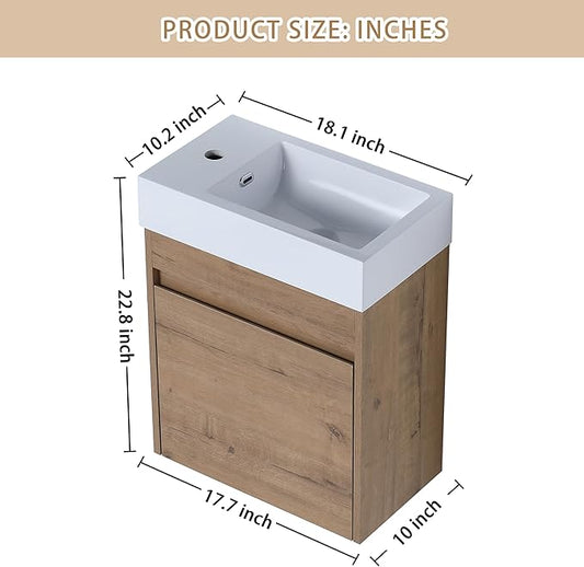 18" Wall-Mounted Floating Bathroom Vanity with Sink - Modern Vanity Cabinet for Small Bathrooms, Soft-Close Door & Waterproof Resin Countertop (Space-Saving Design)