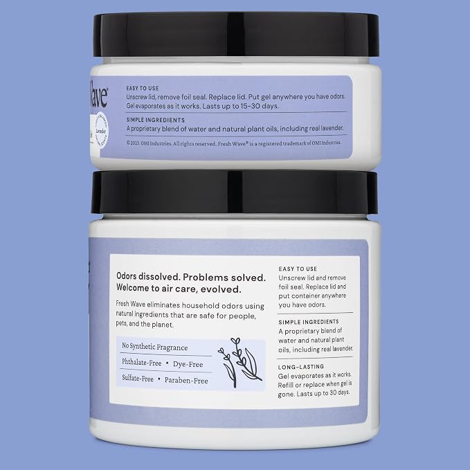 Fresh Wave Lavender Odor Eliminator Gel 2-Pack 15 oz & 7 oz Air Freshener | Plant-based formula. No parabens or harsh chemicals. EPA Safer Choice. Bathroom & closet odor absorber. Refillable.