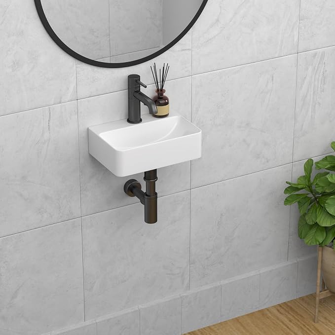 14 x 10 Inch Wall Mounted Bathroom Sink Rectangle Vessel Sink | White Ceramic Wall Mount Hang Small Vessel Sink Porcelain Mini Floating Bathroom Vanity Sink for Home,RV,Bathroom