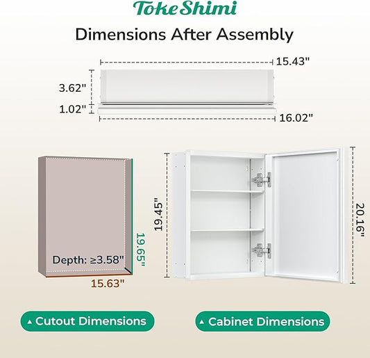 16 x 20 White Recessed Medicine Cabinet with Mirror, Assembly Required, Bathroom Medicine Cabinet with Mirror, Stepless Adjustable Shelves, Beveled Aluminum Frame, DTC Hinge