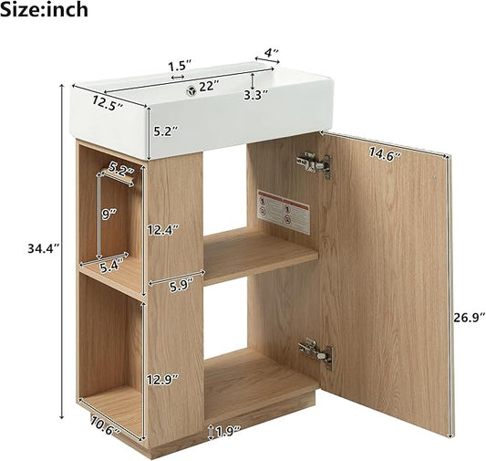 Merax Small Bathroom Vanity, Modern Floor Standing Bathroom Vanity with Sink, Ceramic Sink Vanity with Side Storage Shelves and Toilet Paper Holders, Oak