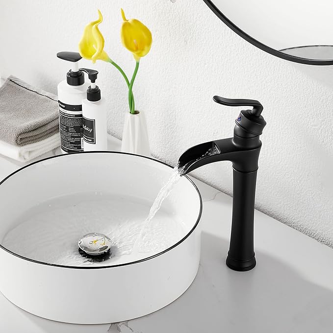 Matte Black Bathroom Faucet GGStudy Single Handle One Hole Farmhouse Waterfall Bathroom Vessel Sink Faucet Black Matching with Pop Up Drain