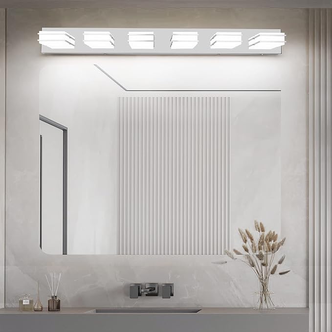 3 Color Temperature Dimmable Vanity Lights for Bathroom, LED Chrome 6 Light Vanity Lighting Fixtures, Acrylic Stainless Steel Square Shade Bathroom Light Fixtures over Mirror, ETL Certificated