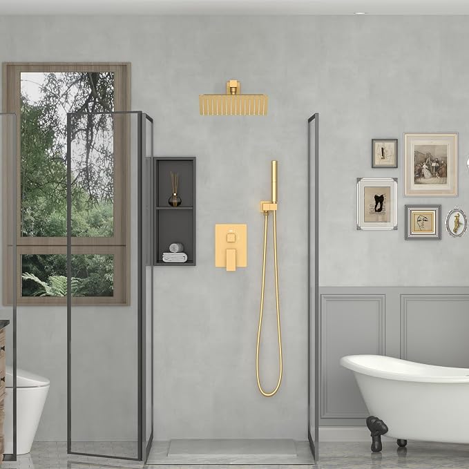 10 In Rain Shower Head High Pressure Rainfall Shower Head Brushed Gold | Square Rain Bathroom Showerhead, High Flow, Large Stainless Steel, Ceiling Mounted, Wall Mounted, Waterfall Full Body