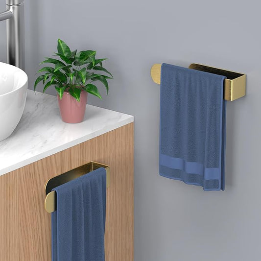 HUFEEOH Bathroom Towel Rack, 2 Pack, Gold 8 Inch Towel Holders, U-Shaped | Wall-Mounted Bars for Hand Towel and Bath Towel Storage, Adhesive Installation Suits Bathroom, Hotel and Kitchen Placement